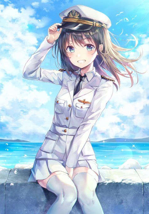 anime girl in cute female sailor uniform sitting near sea shore