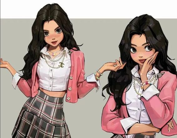 digital artwork of a girl in check skirt, pink open shirt and white blouse, posing in two different ways.