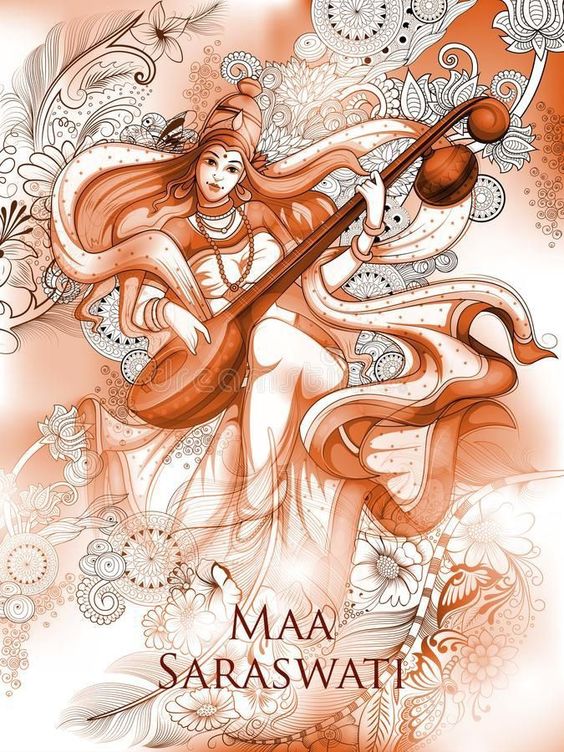 artwork of maa saraswati with veena in hands