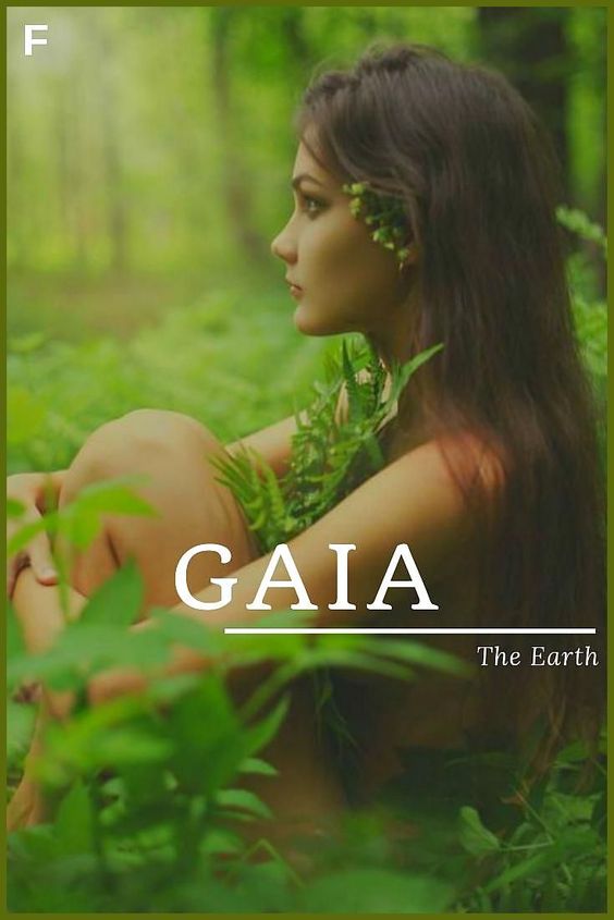 Lady sitting in forest with clothes made of leaves representing mother earth and meaning of word Gaia is written, the earth