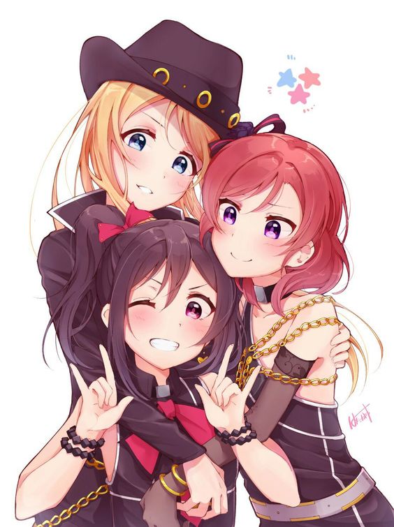 Three anime girls hugging each other and winking.